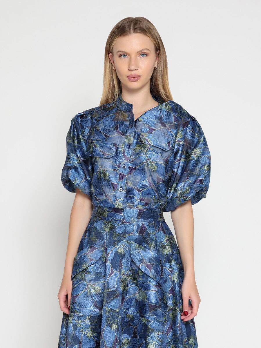 Floral Print Puff Sleeve Organza Top
