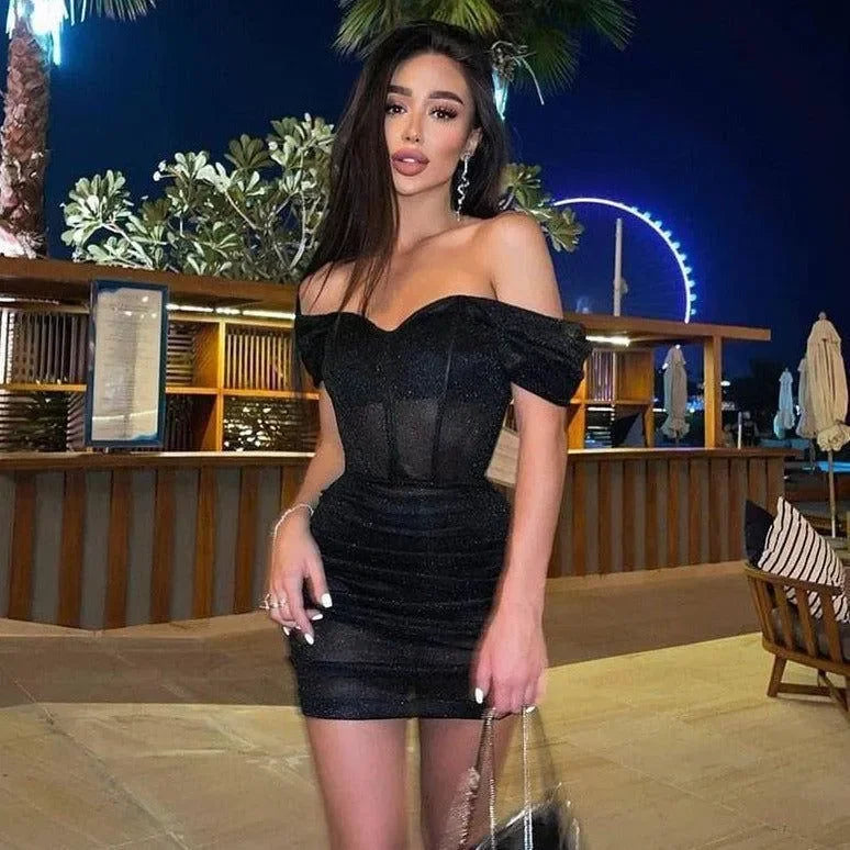 Foxglove Chic Black Off Shoulder Ruched Mini Dress