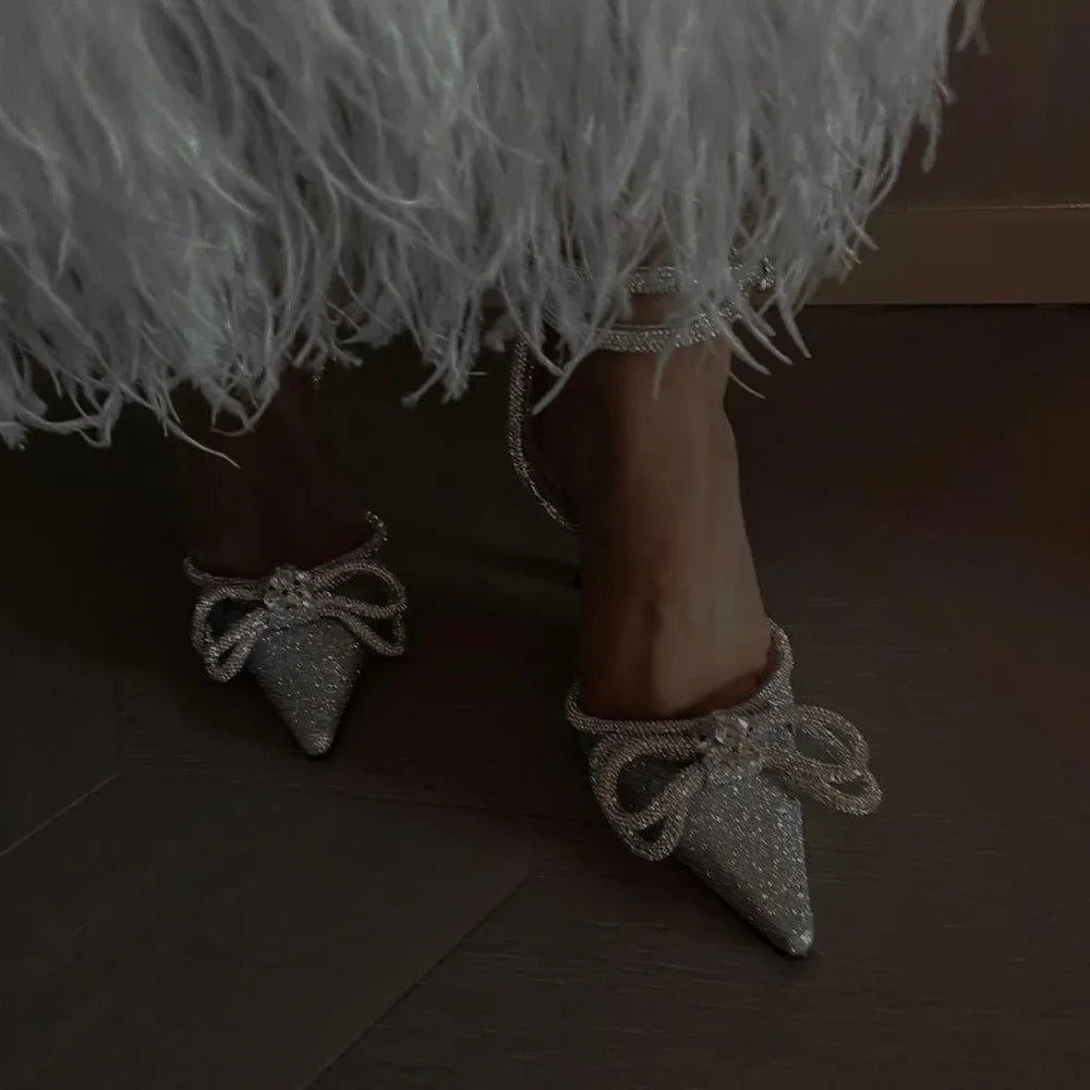 Galaxy Silver Glitter Wrap Around Bow Heels