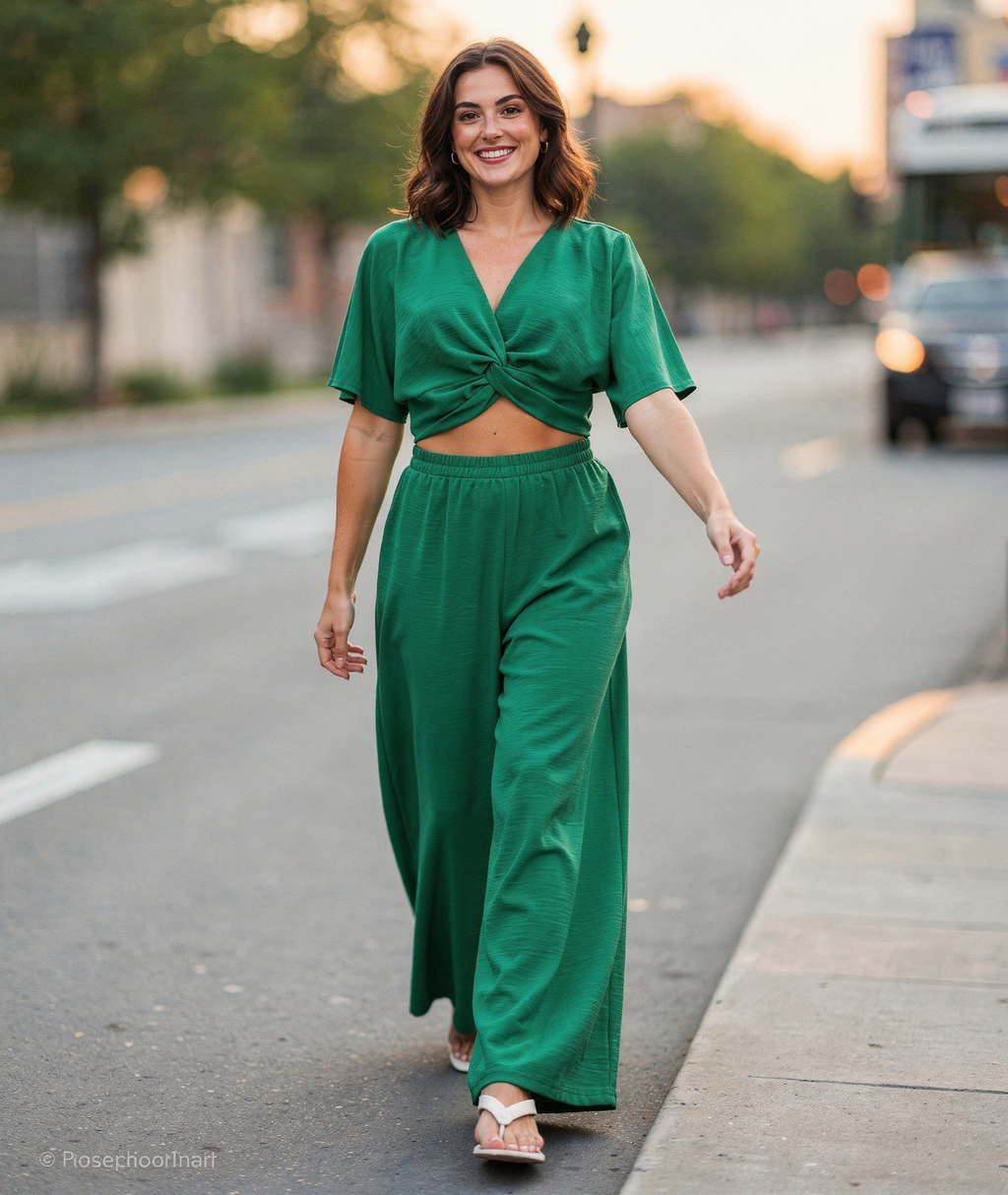 Woven Airflow Twisted Top & Wide Leg Pants Set