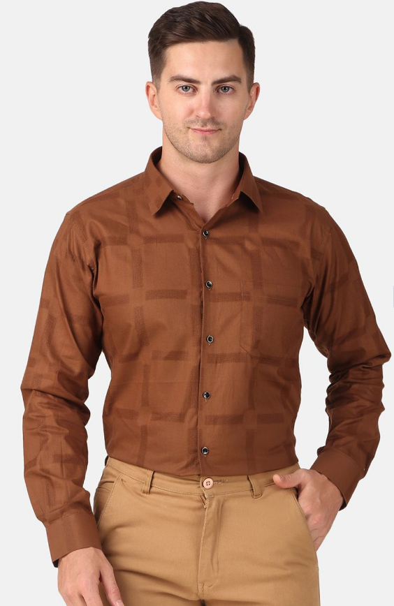 Men Classic Spread Collar Checked Cotton Slim Fit Casual Shirt (Color