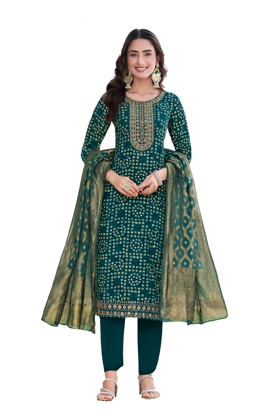 Festive Wear kurta, Pant & dupatta set for Women-Dark Green (Size-XXS)