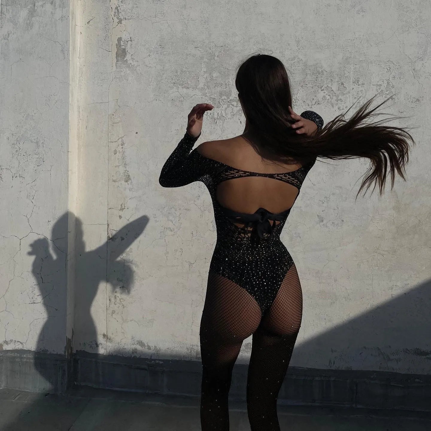Girl Talk Black Mesh Backless Bodysuit with Diamonds