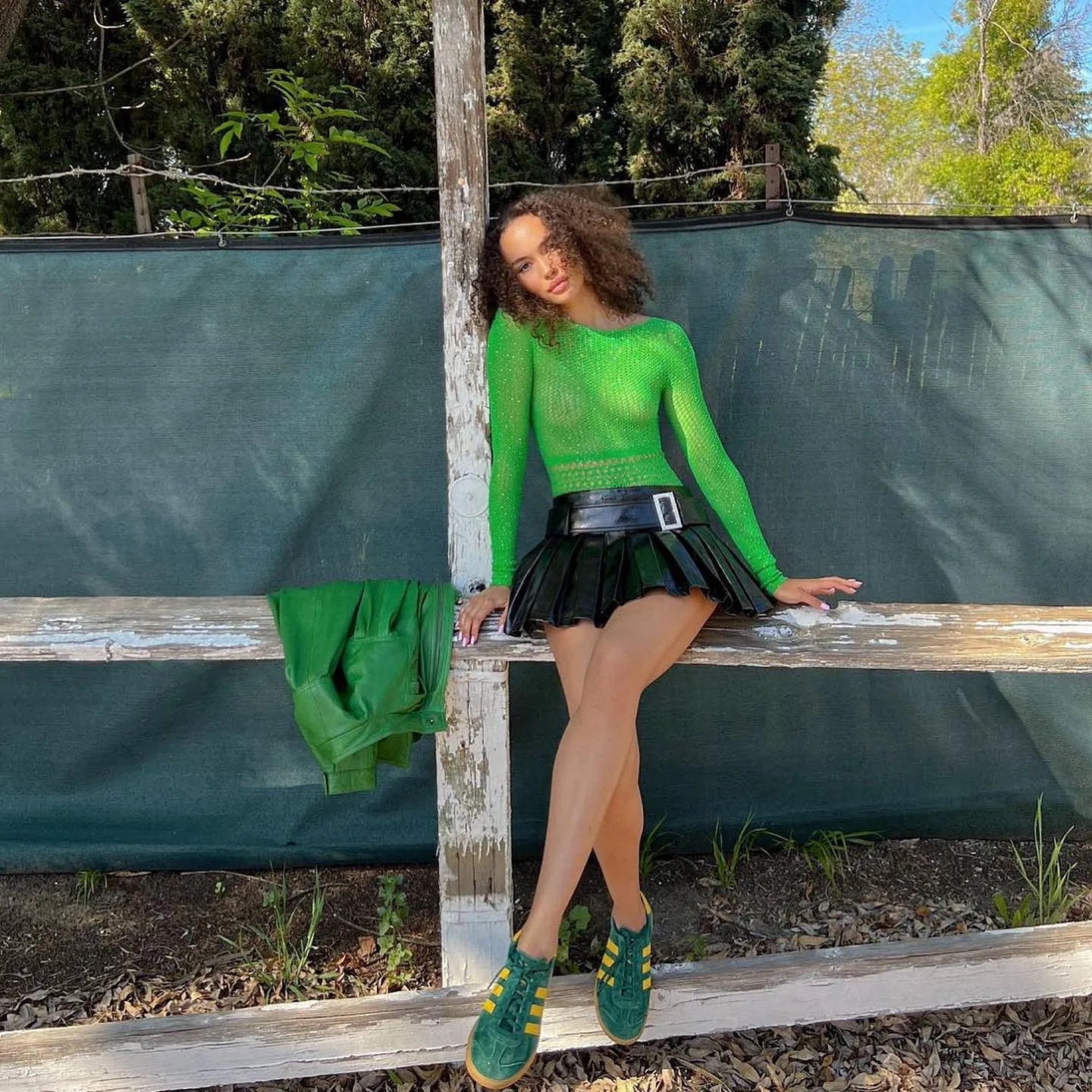 Girl Talk Green Mesh Backless Bodysuit with Diamonds
