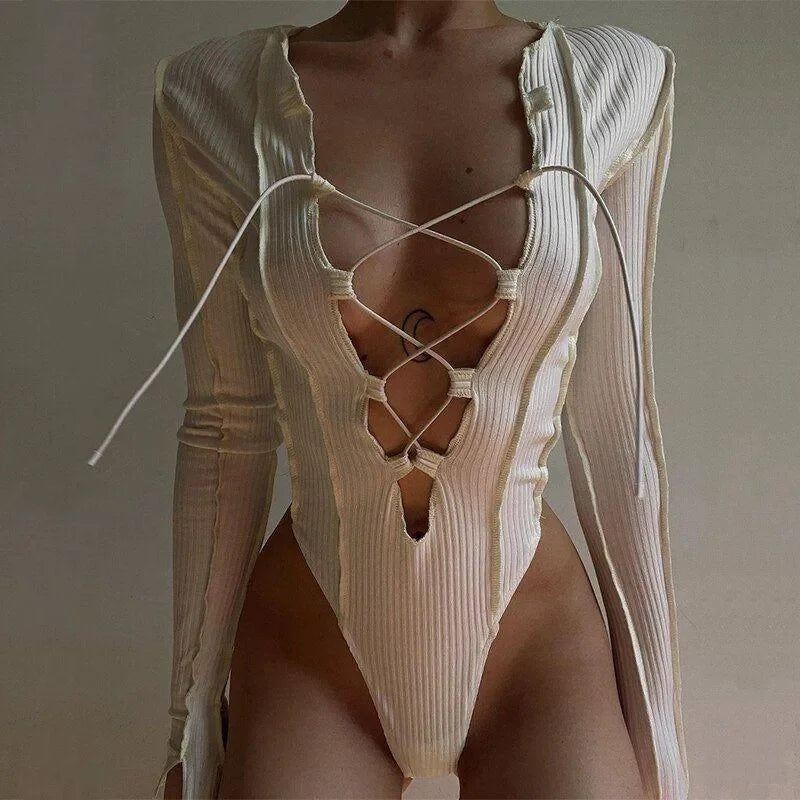 Girls Power White Ribbed Lace-Up Bodysuit