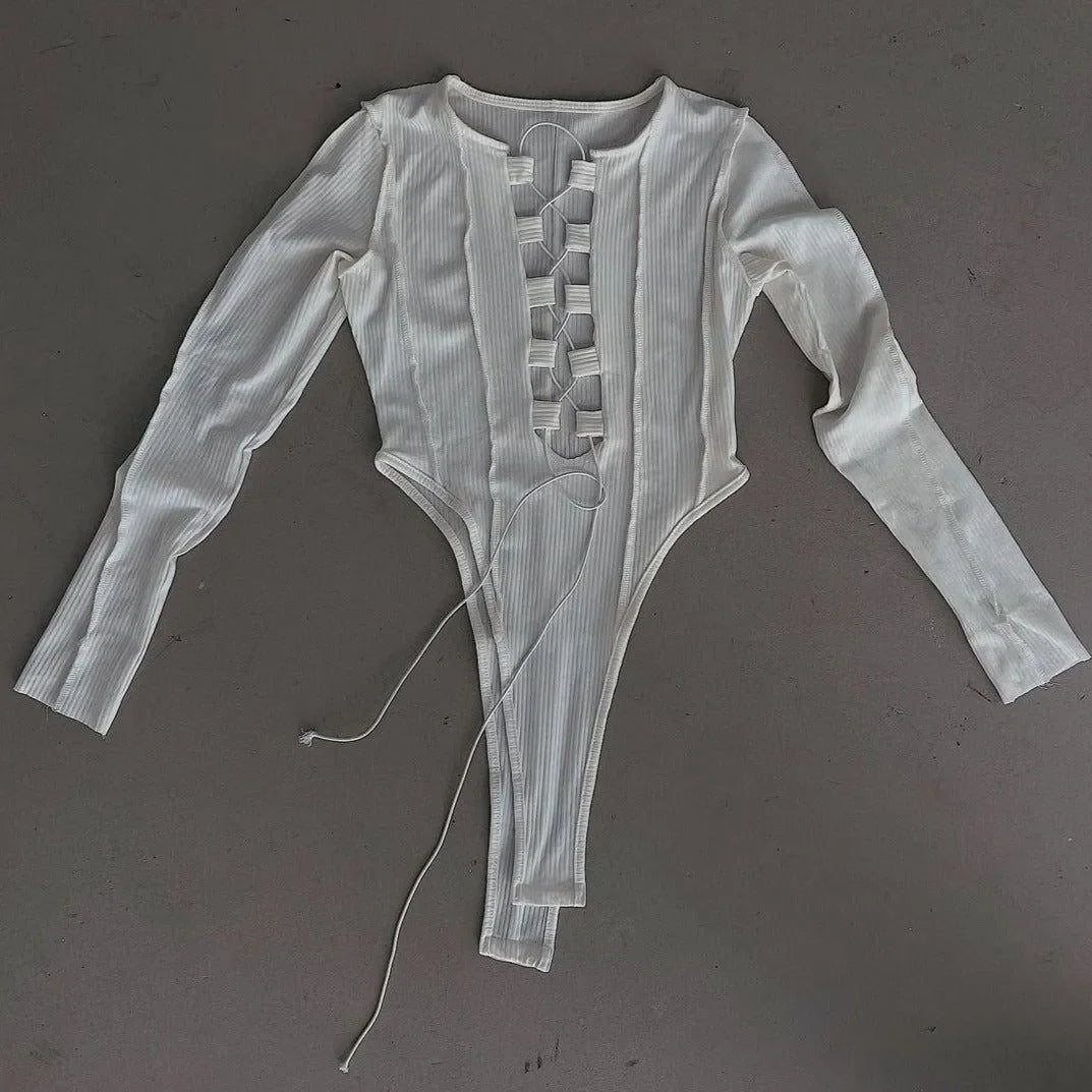 Girls Power White Ribbed Lace-Up Bodysuit