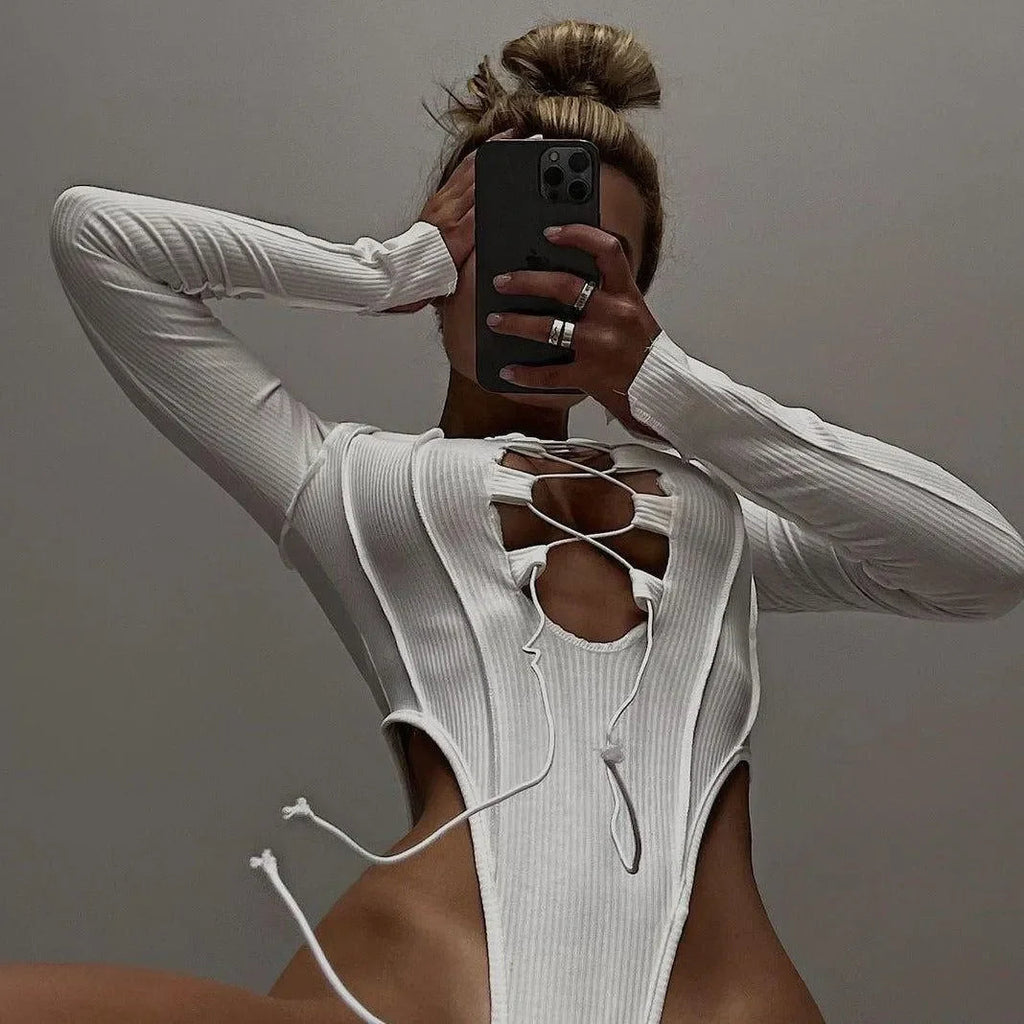 Girls Power White Ribbed Lace-Up Bodysuit