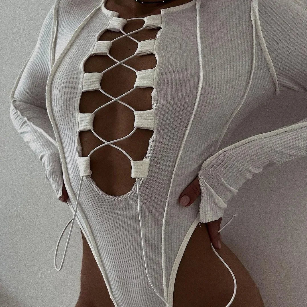 Girls Power White Ribbed Lace-Up Bodysuit