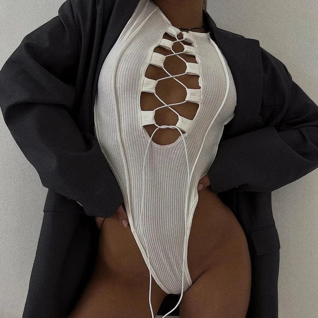 Girls Power White Ribbed Lace-Up Bodysuit