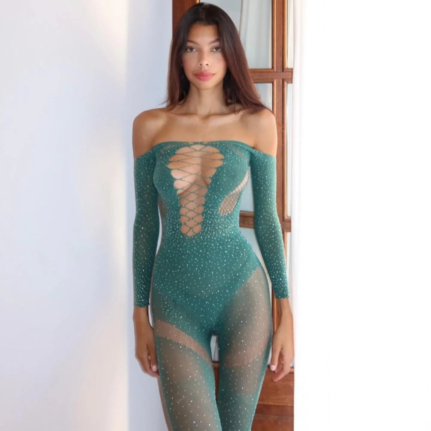 Glitterstarz Rhinestone Embellished Green Jumpsuit