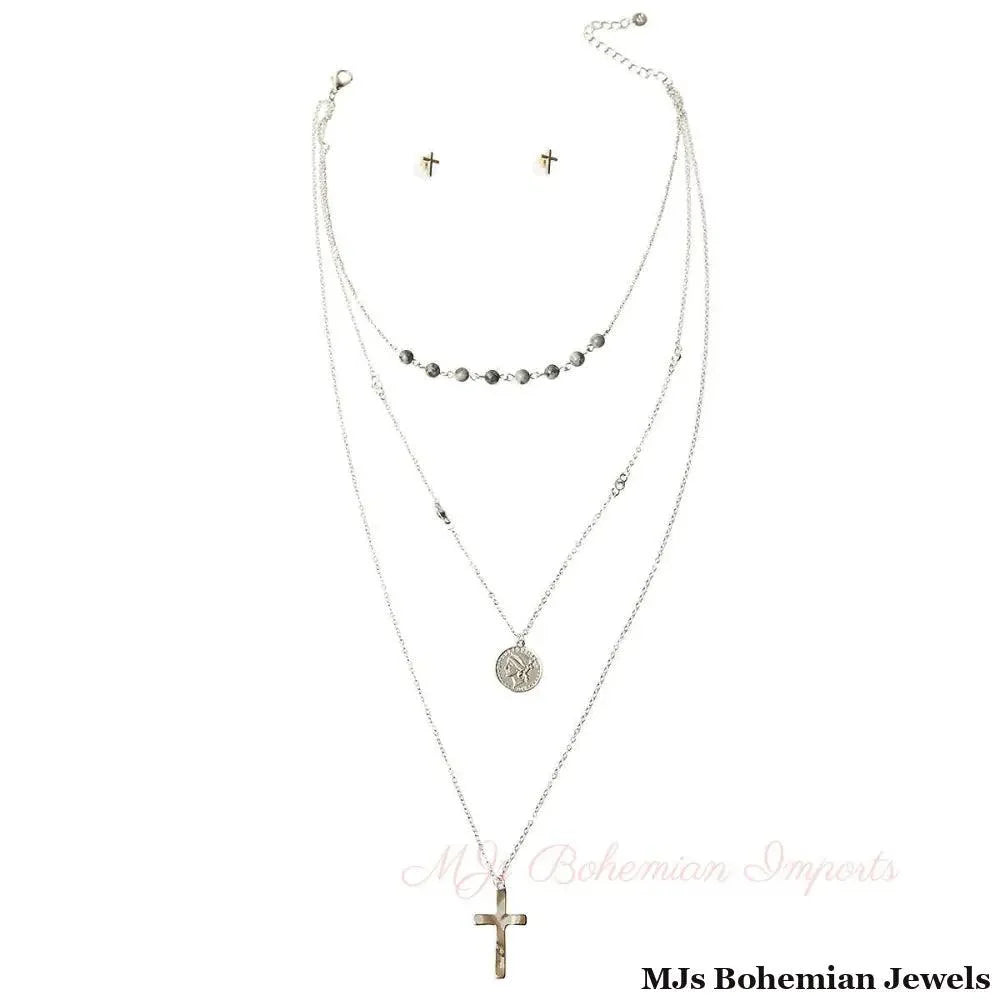 Gray Cross and Coin Necklace Set