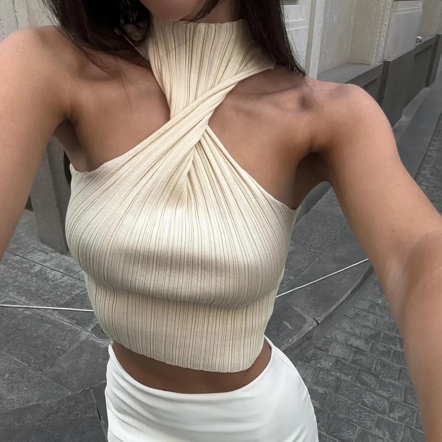 Heartbeat Ribbed Twist Ivory Crop Top