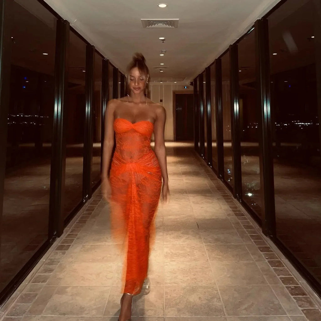 Her Figure Orange Lace Off-Shoulder Maxi Dress