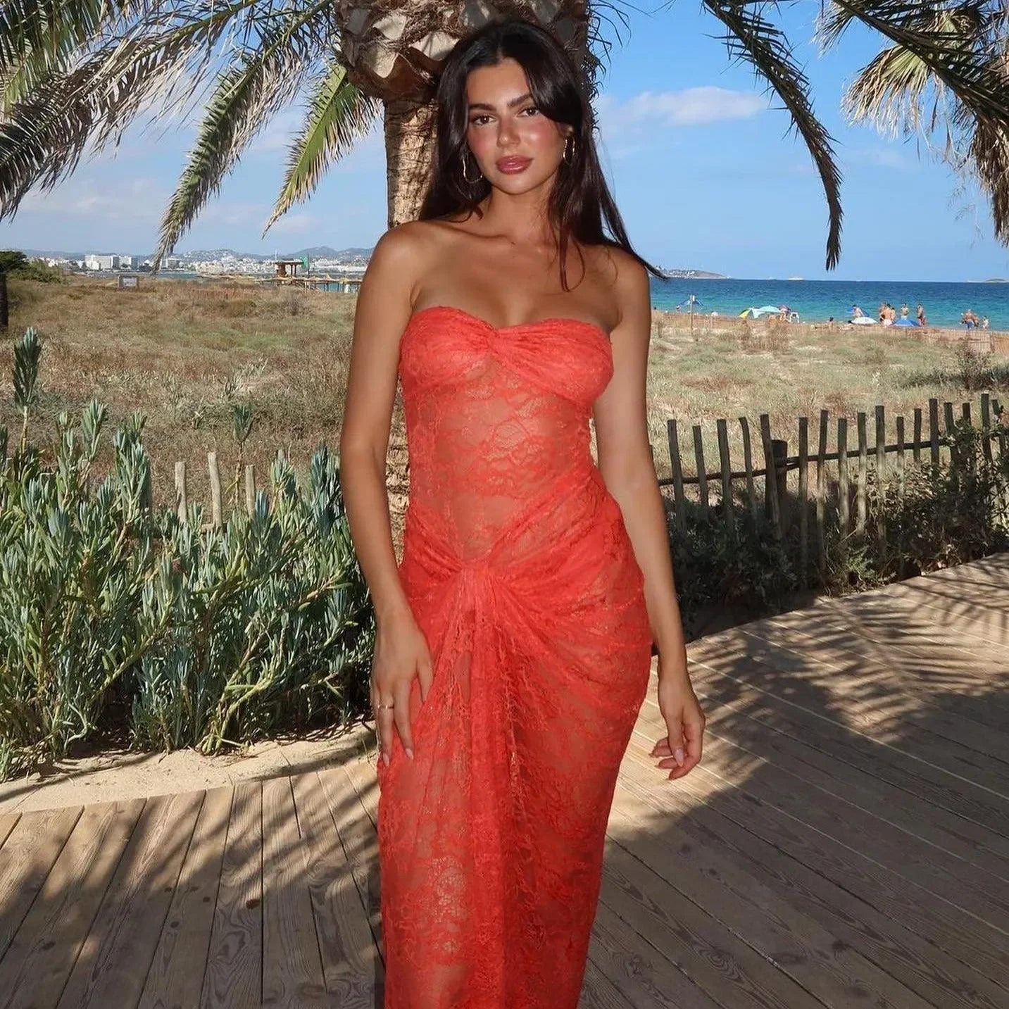 Her Figure Orange Lace Off-Shoulder Maxi Dress