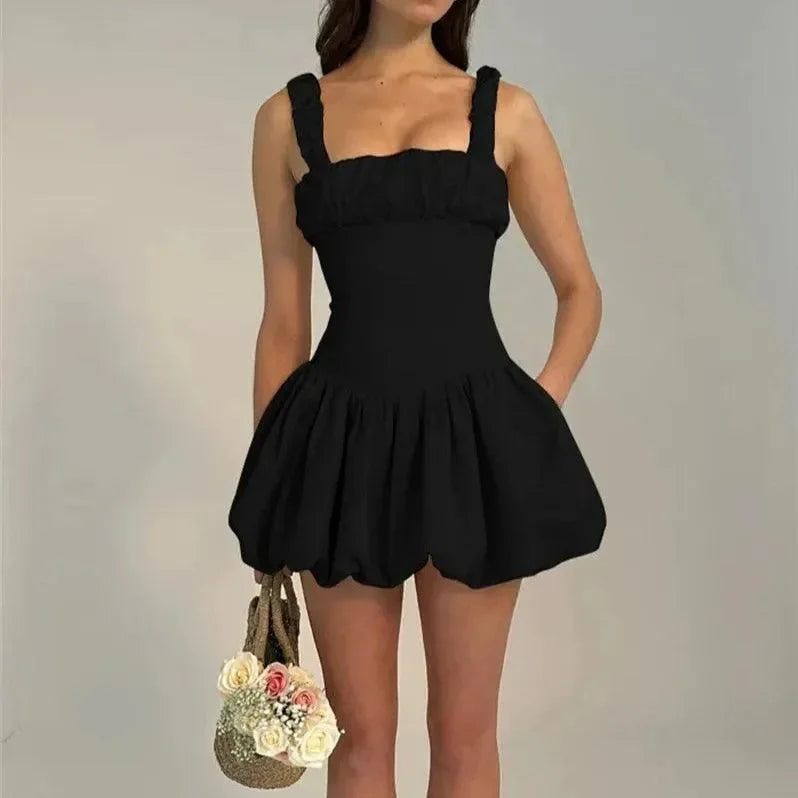 His Prettiest Problem Black Satin Bubble Hem Mini Dress