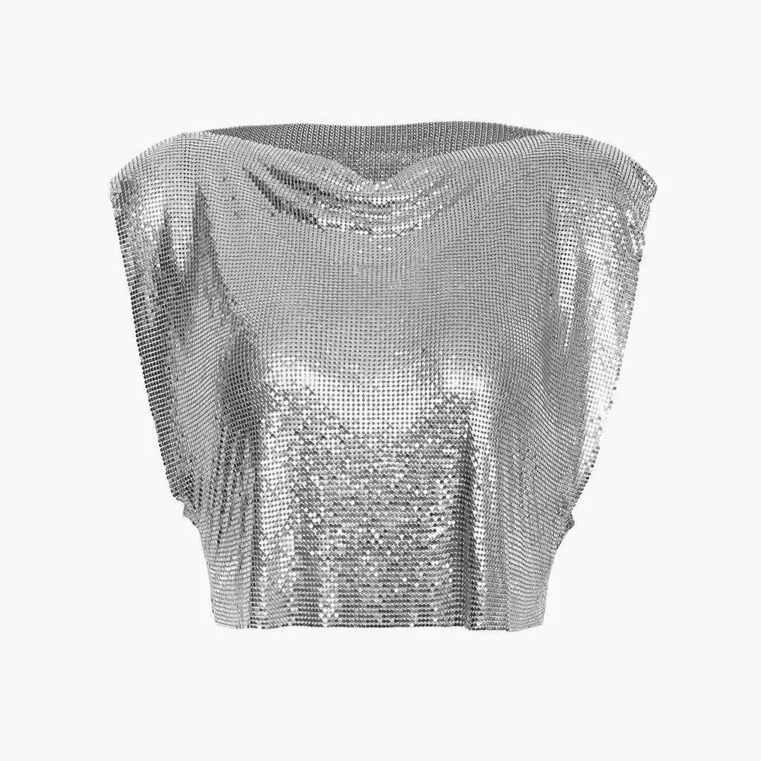 Hot Date Silver Chainmail Cowl Neck Tank Top