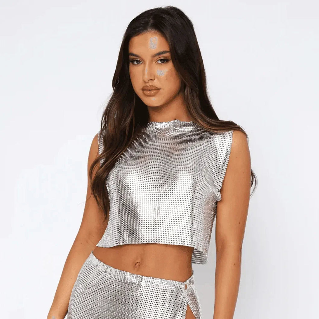 Hot Date Silver Chainmail Cowl Neck Tank Top