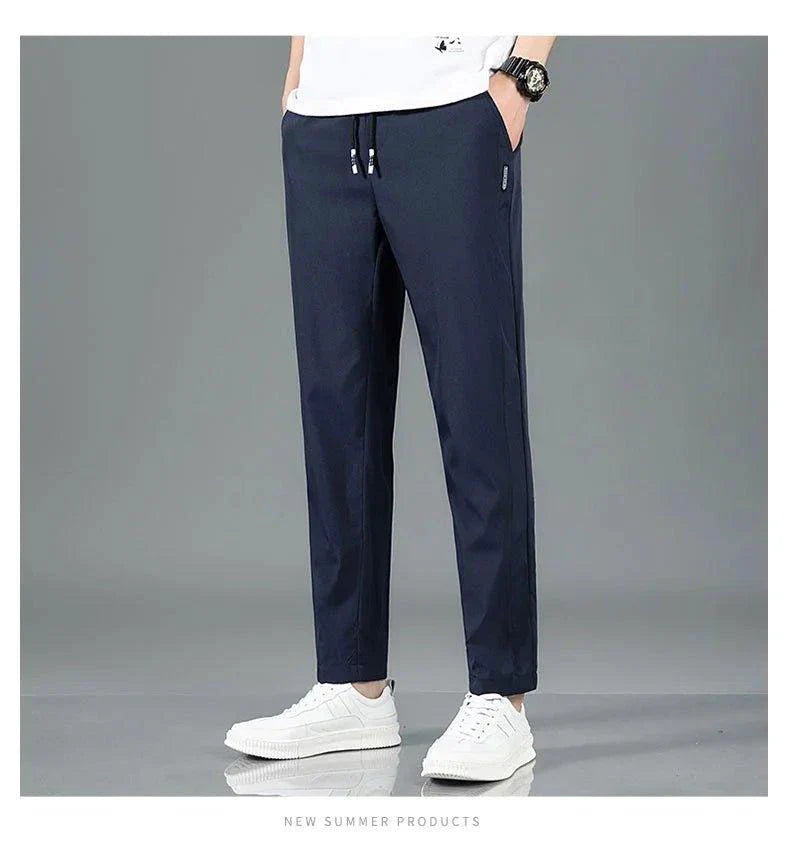 Ice Silk Men's Pants 2025 Summer New Black Gray Thin Business Casual Pants Outdoor Elastic Breathable Straight Leg Sweatpants