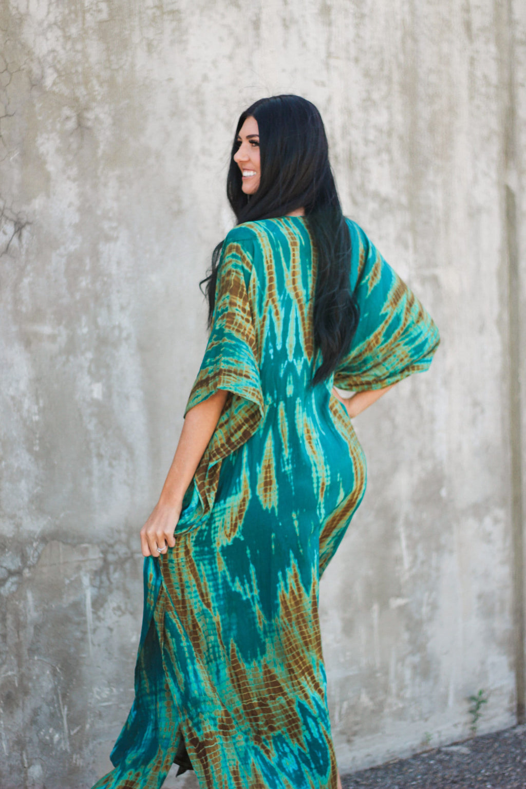 Teal Green Tie Dyed Kaftan Dress with Pockets - Plus Size Women's