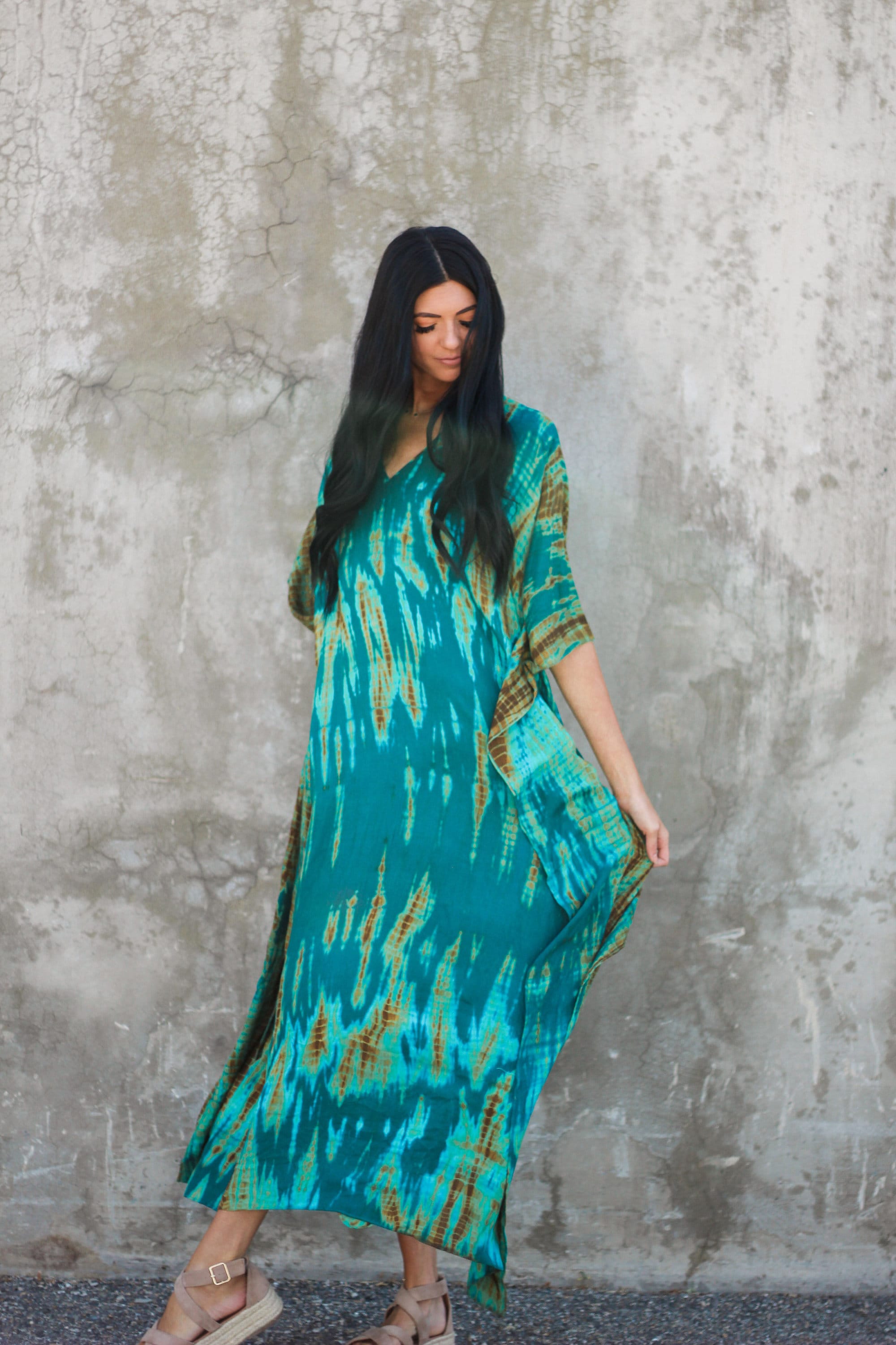 Teal Green Tie Dyed Kaftan Dress with Pockets - Plus Size Women's
