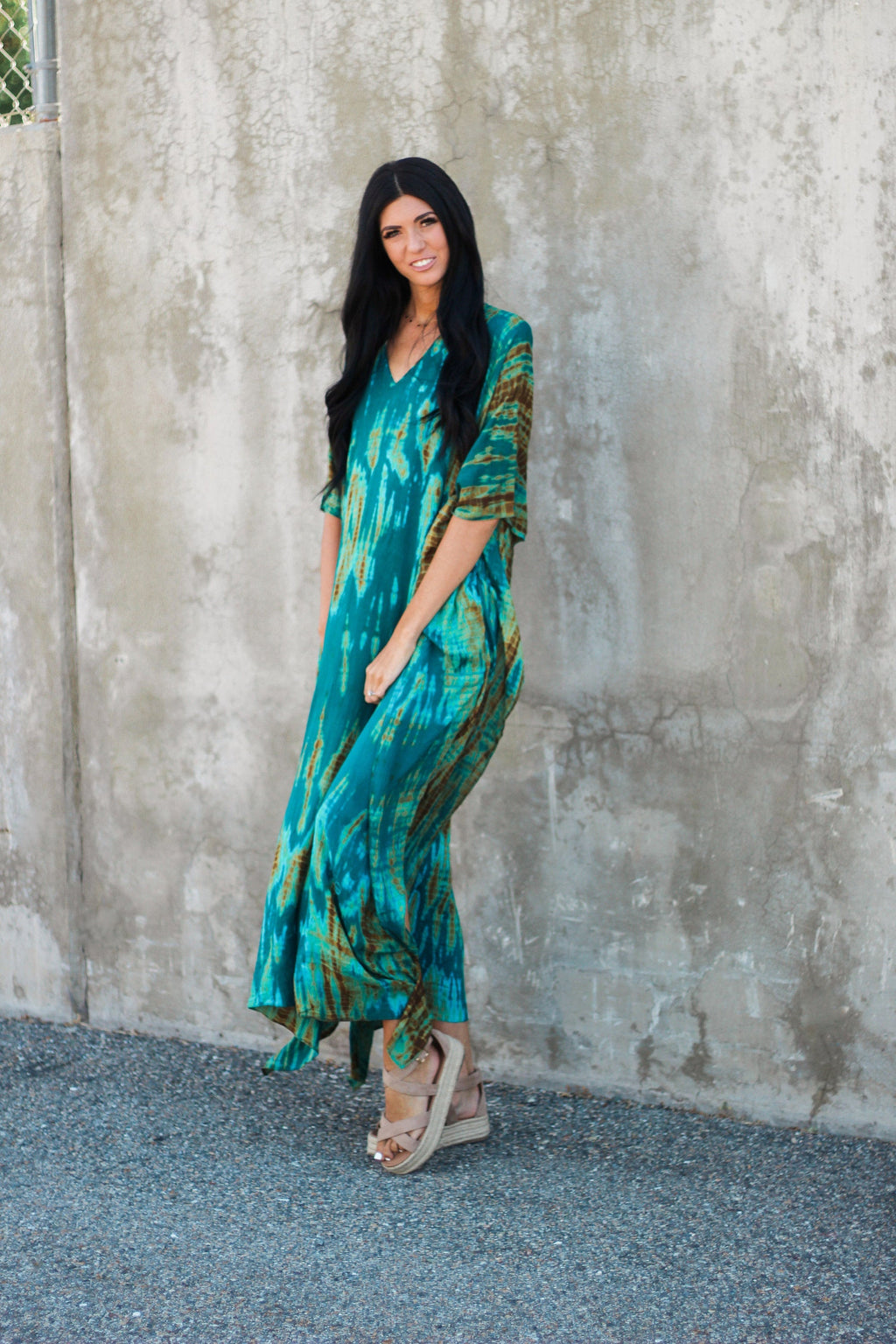 Teal Green Tie Dyed Kaftan Dress with Pockets - Plus Size Women's
