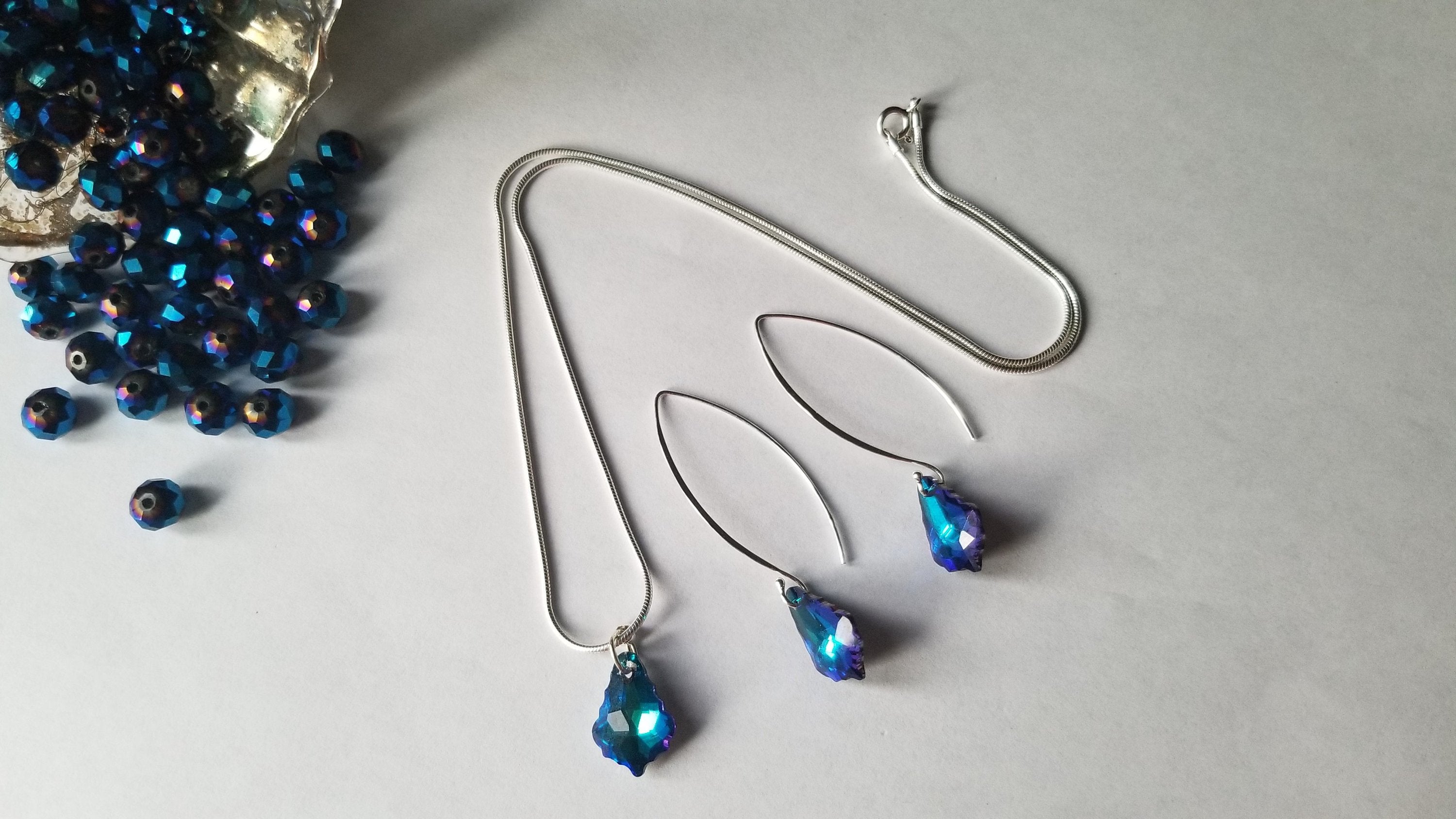 Sterling silver earring and chain set, Maple leaf shaped blue and