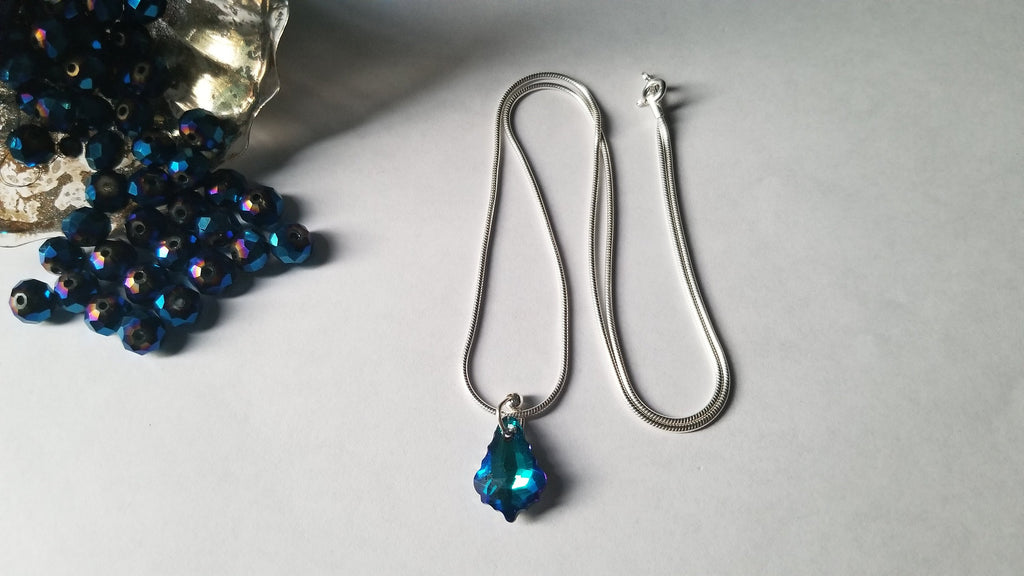 Sterling silver earring and chain set, Maple leaf shaped blue and