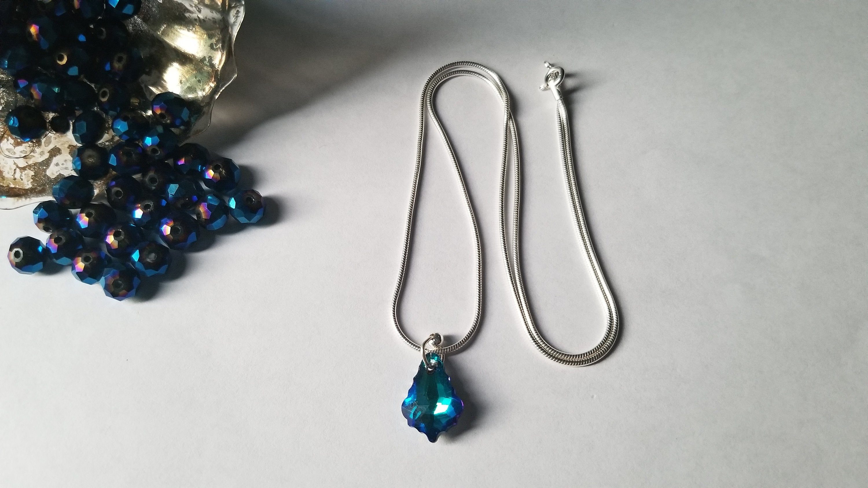 Sterling silver earring and chain set, Maple leaf shaped blue and
