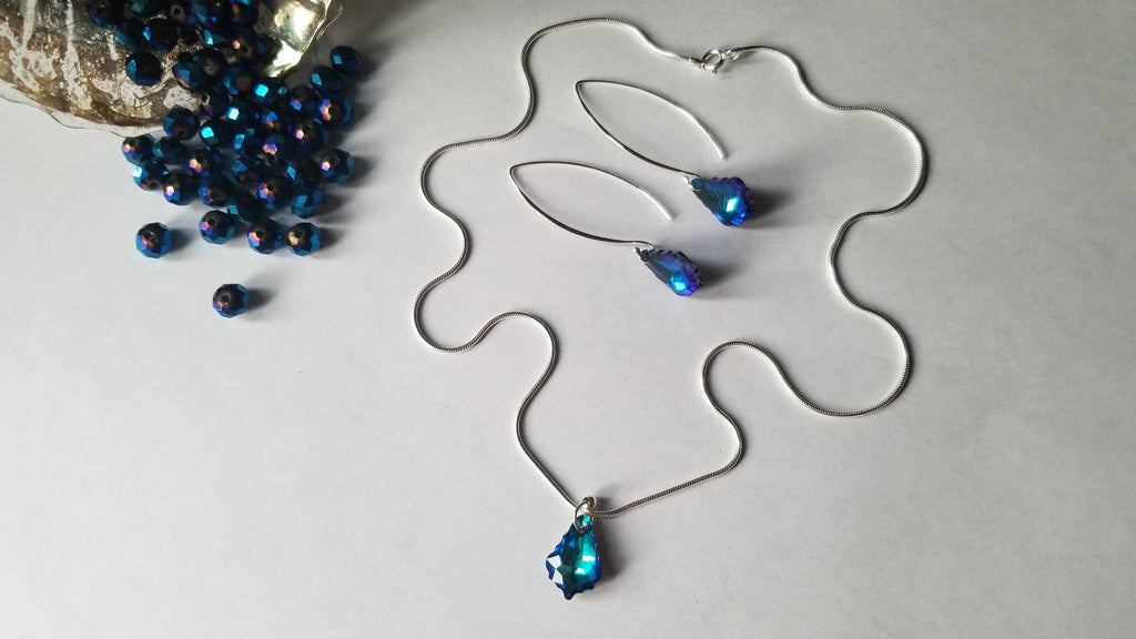 Sterling silver earring and chain set, Maple leaf shaped blue and