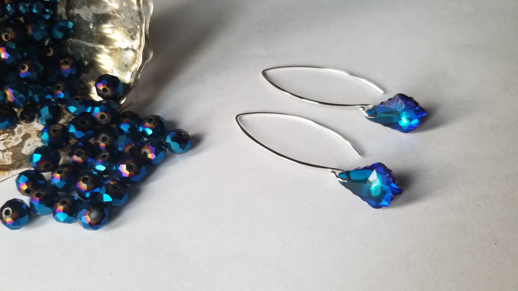 Sterling silver earring and chain set, Maple leaf shaped blue and