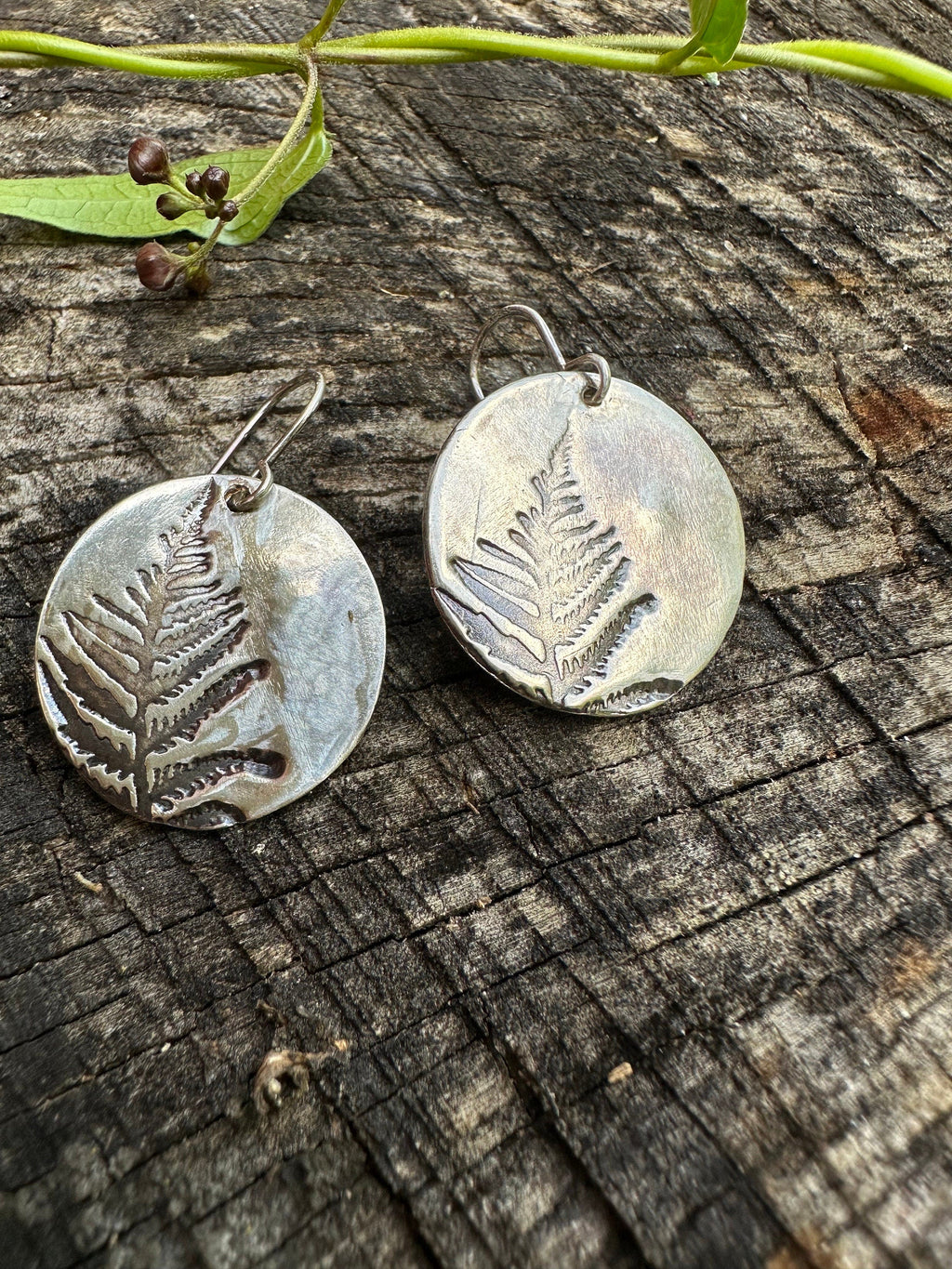 Disc Earrings with fern stamp pattern in Recycled Sterling silver