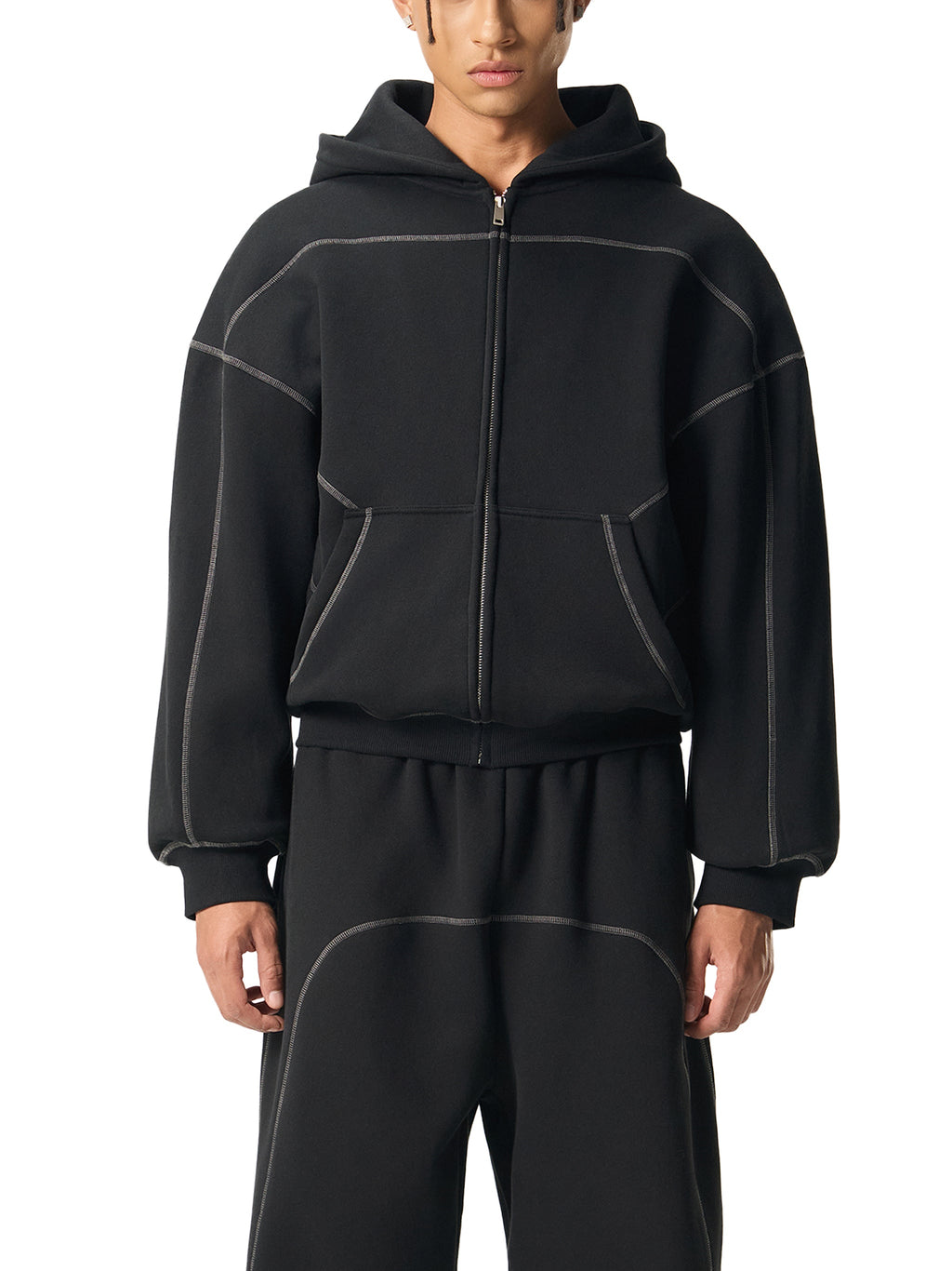Love Bar Contrast-Stitched Boxy Fleece Zip Hoodie