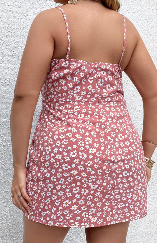 Plus Size Floral Slit Sling Short Dress for Women