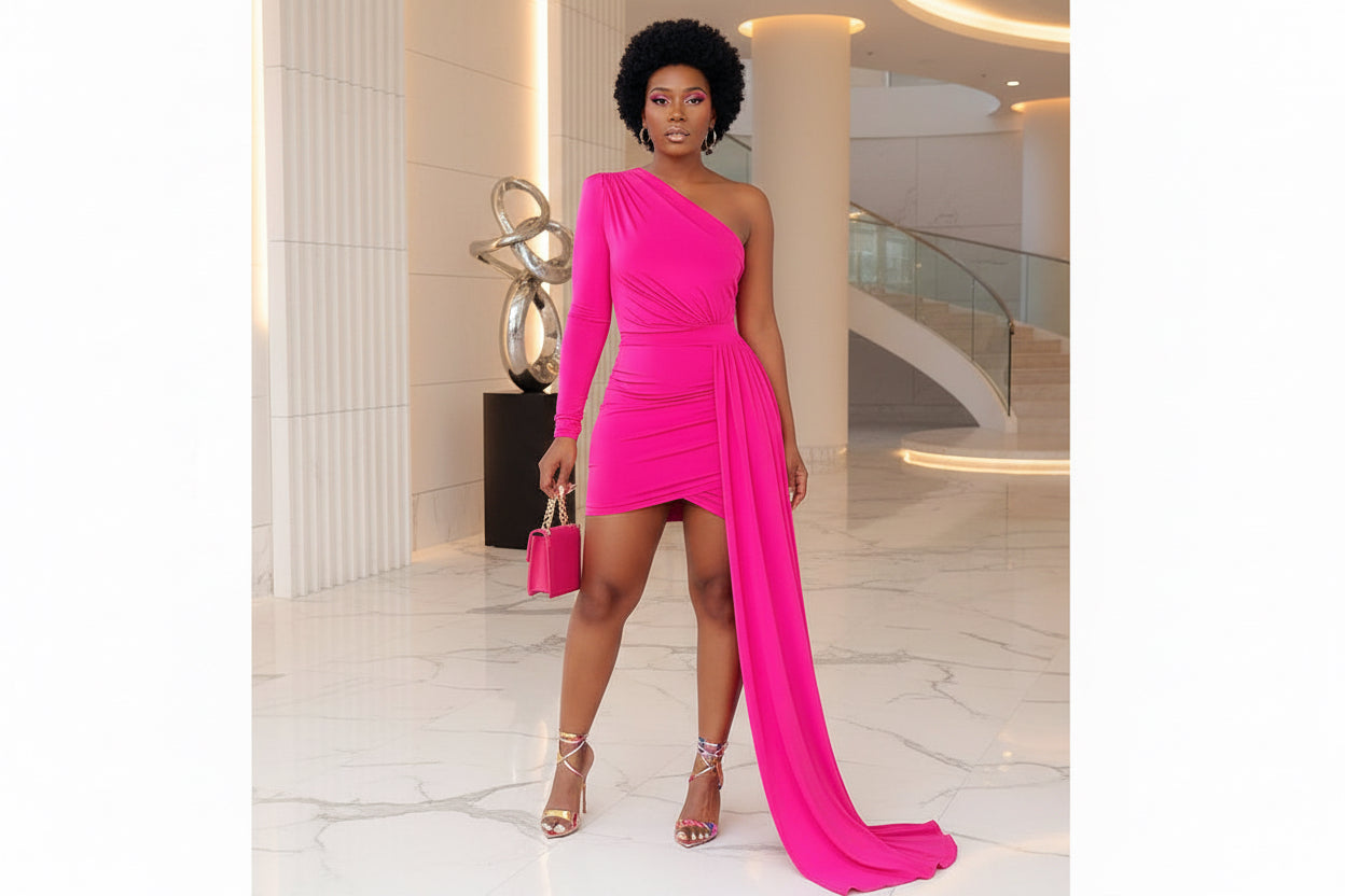 One Shoulder Long Sleeve Ruched Mini Dress
