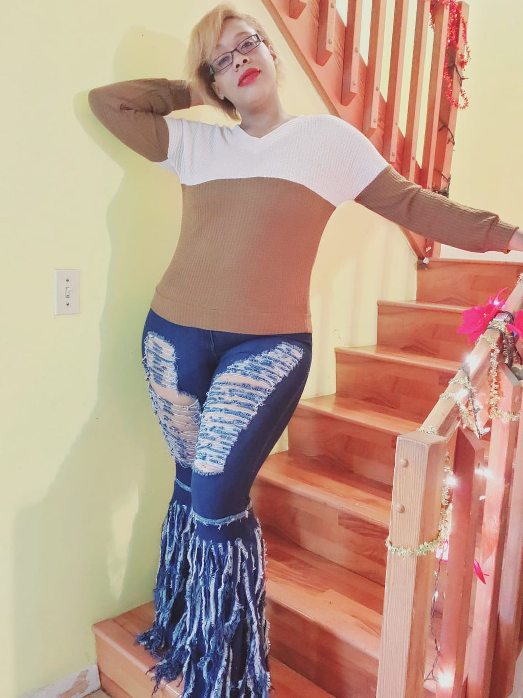Dark Blue High Rise Frayed Bottom Stretch Jeans