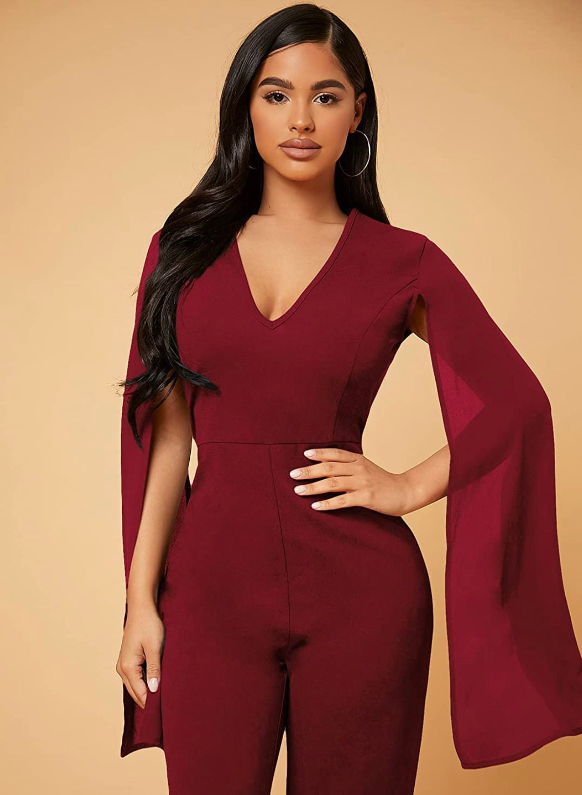 Wine Split Sleeve Jumpsuit
