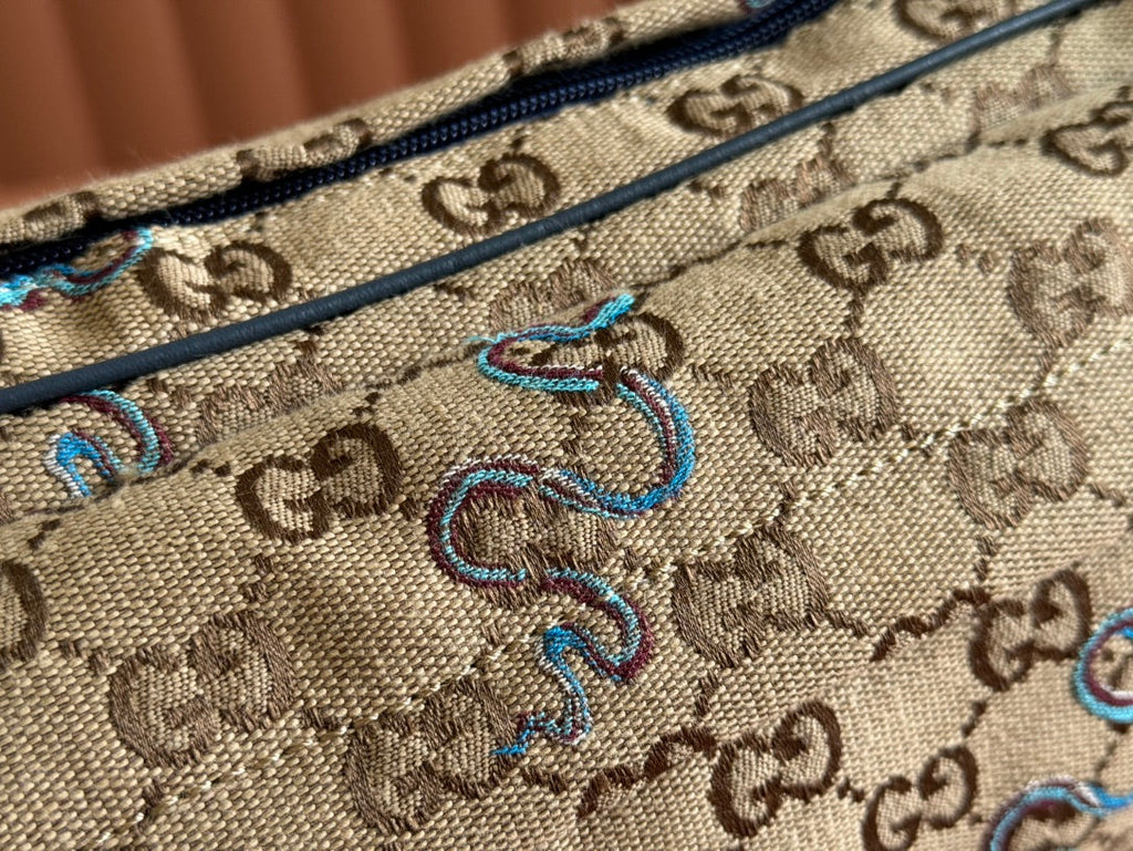 Gucci Snake Print Bag Beige mix Blue Canvas 248145