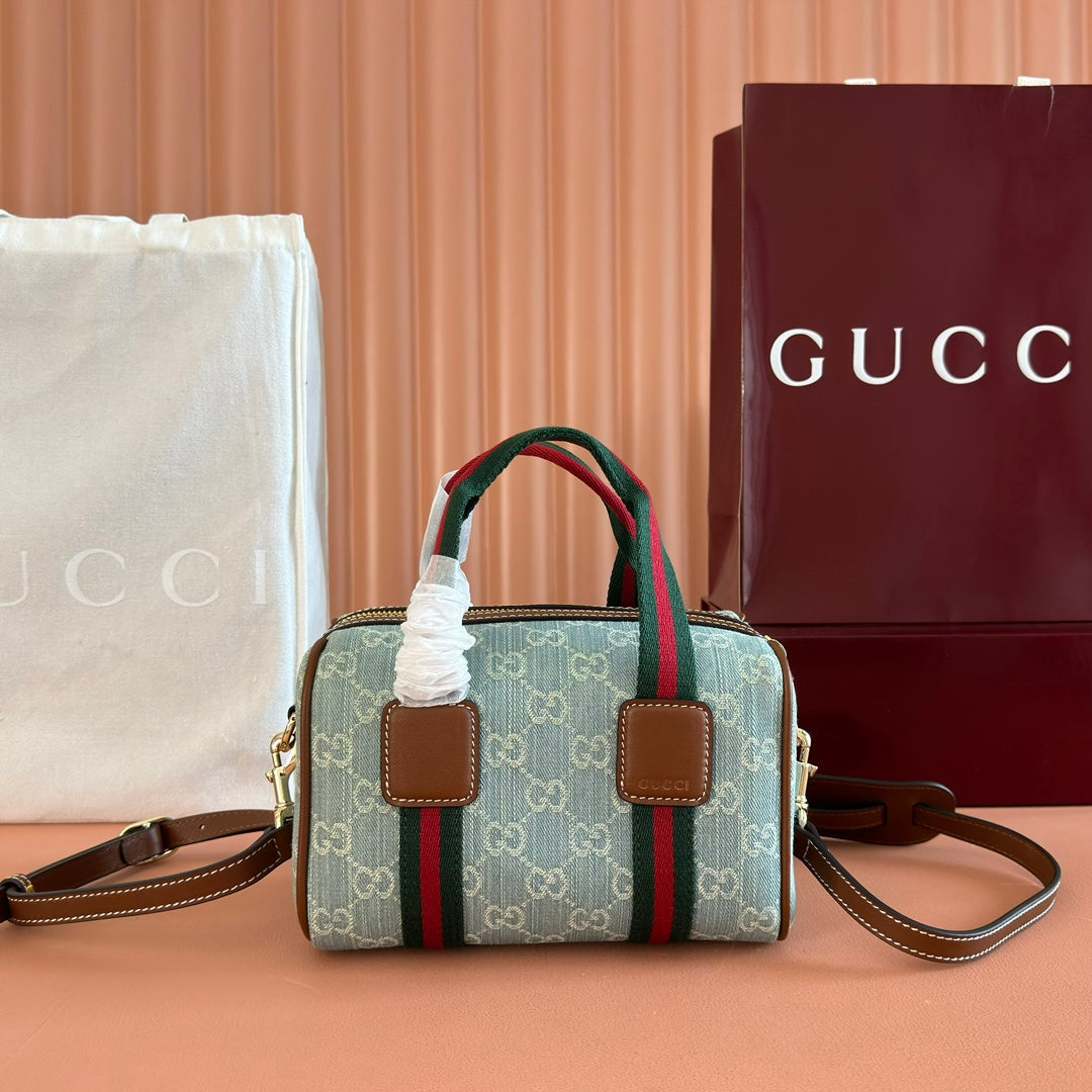 Gucci Boston Bag 20 Blue White Denim Fabric 271893