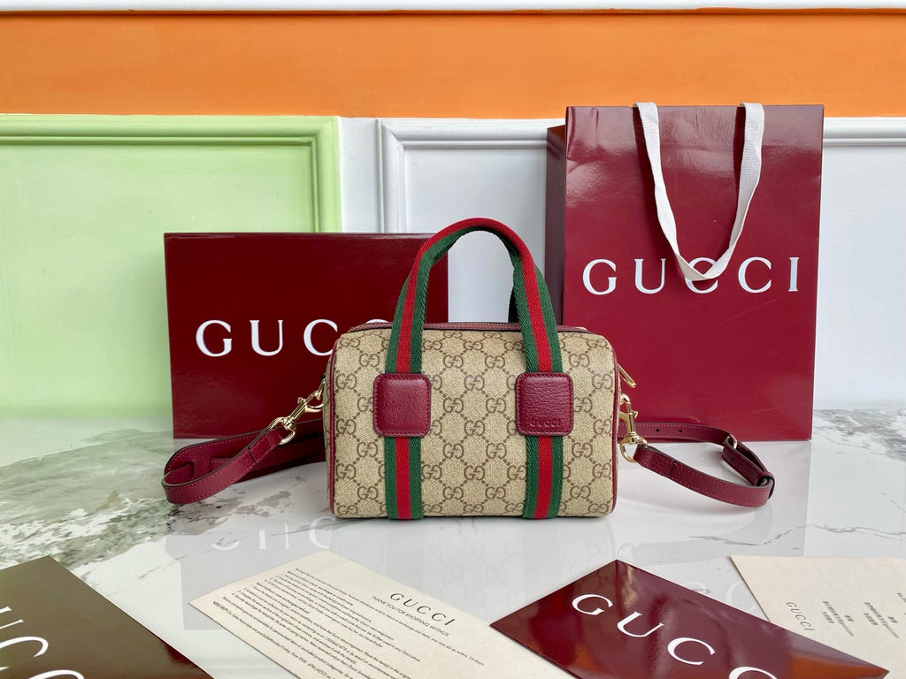 Gucci 25 GG Handbag Beige mix Rosso Ancora Red Canvas Leather 286710