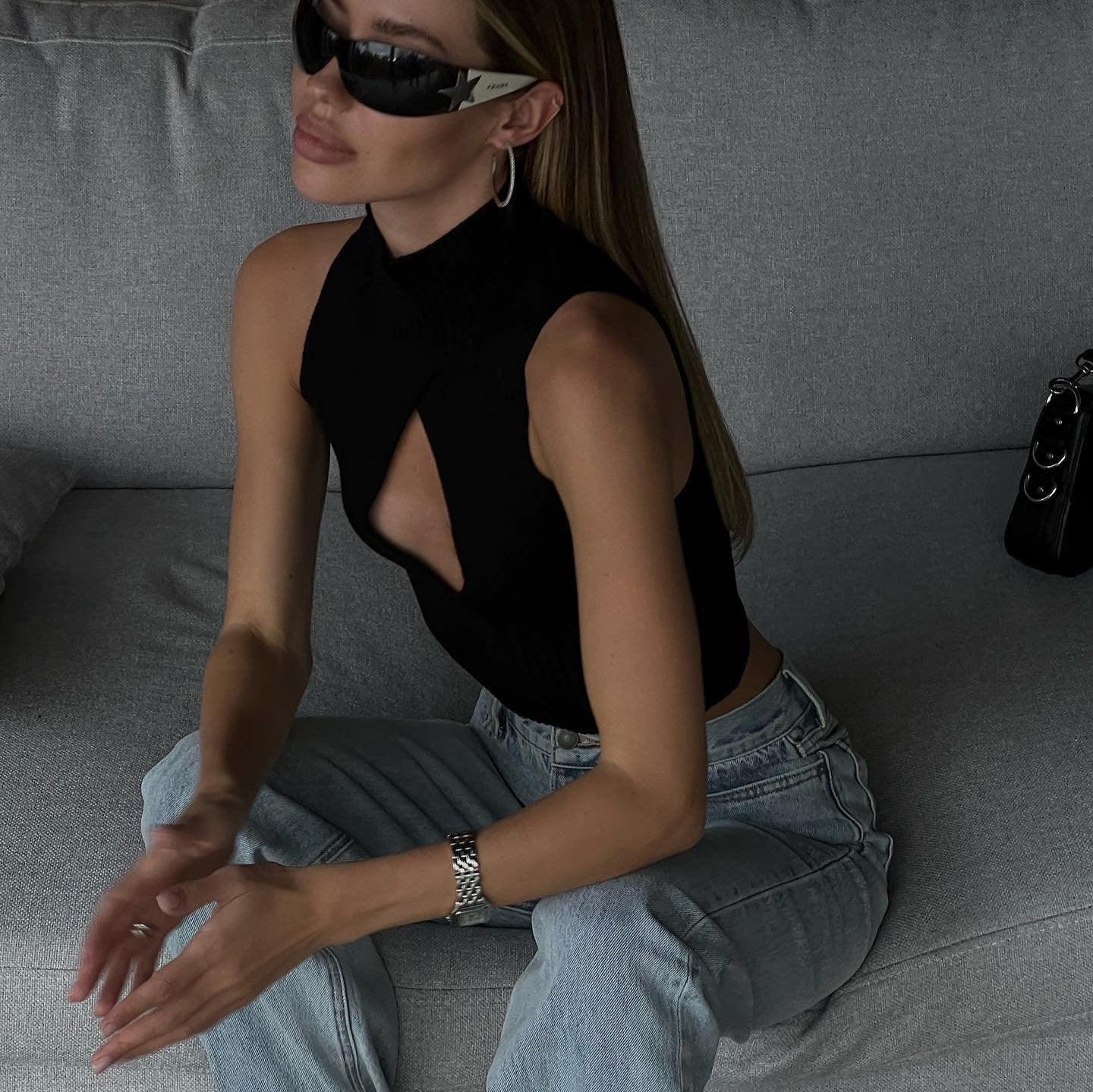 In Harmony Knitted Cut-Out Black Top