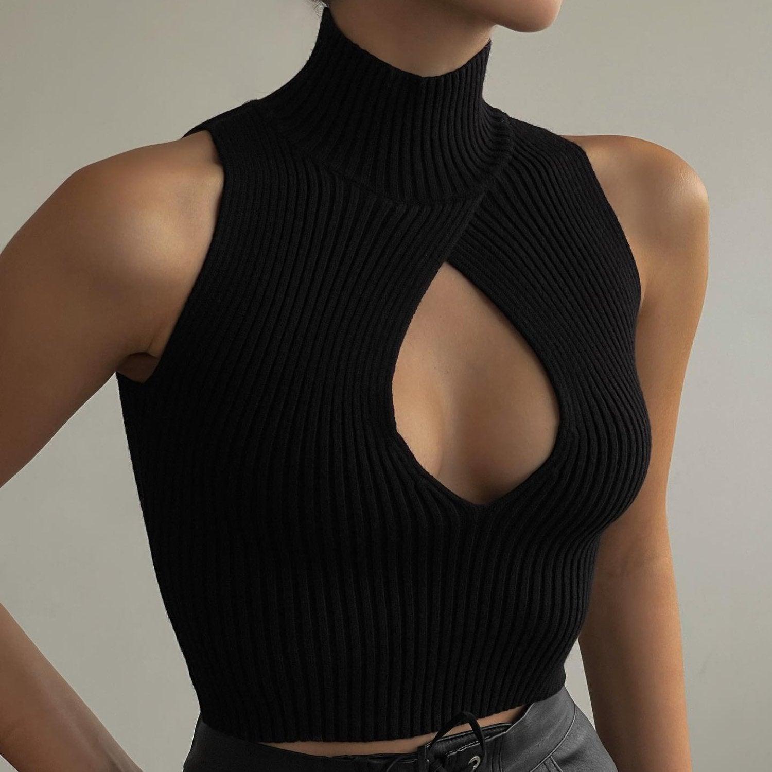 In Harmony Knitted Cut-Out Black Top