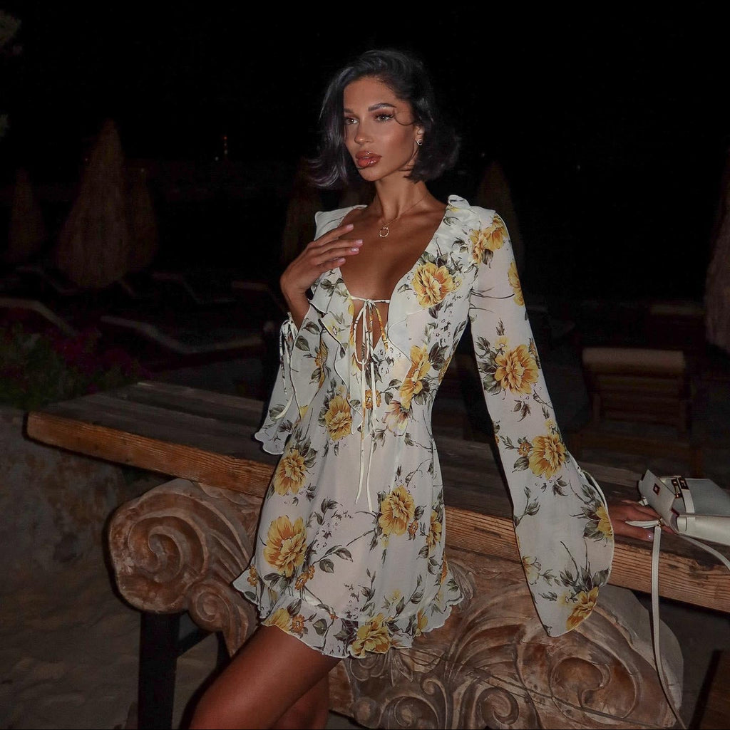 In This Moment Flower Print Lace-Up Mini Dress