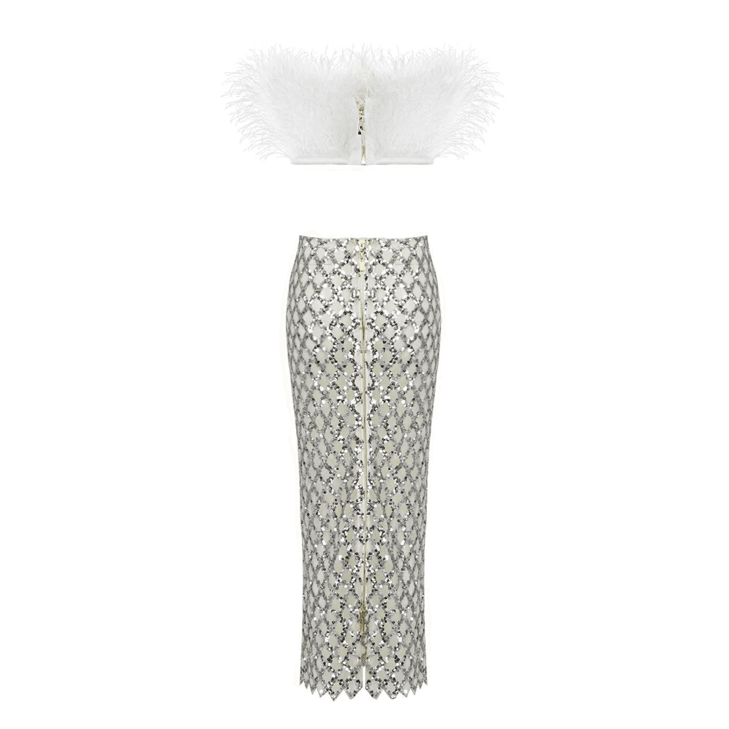 Invitation Only Feather Sequins White Two Piece Set