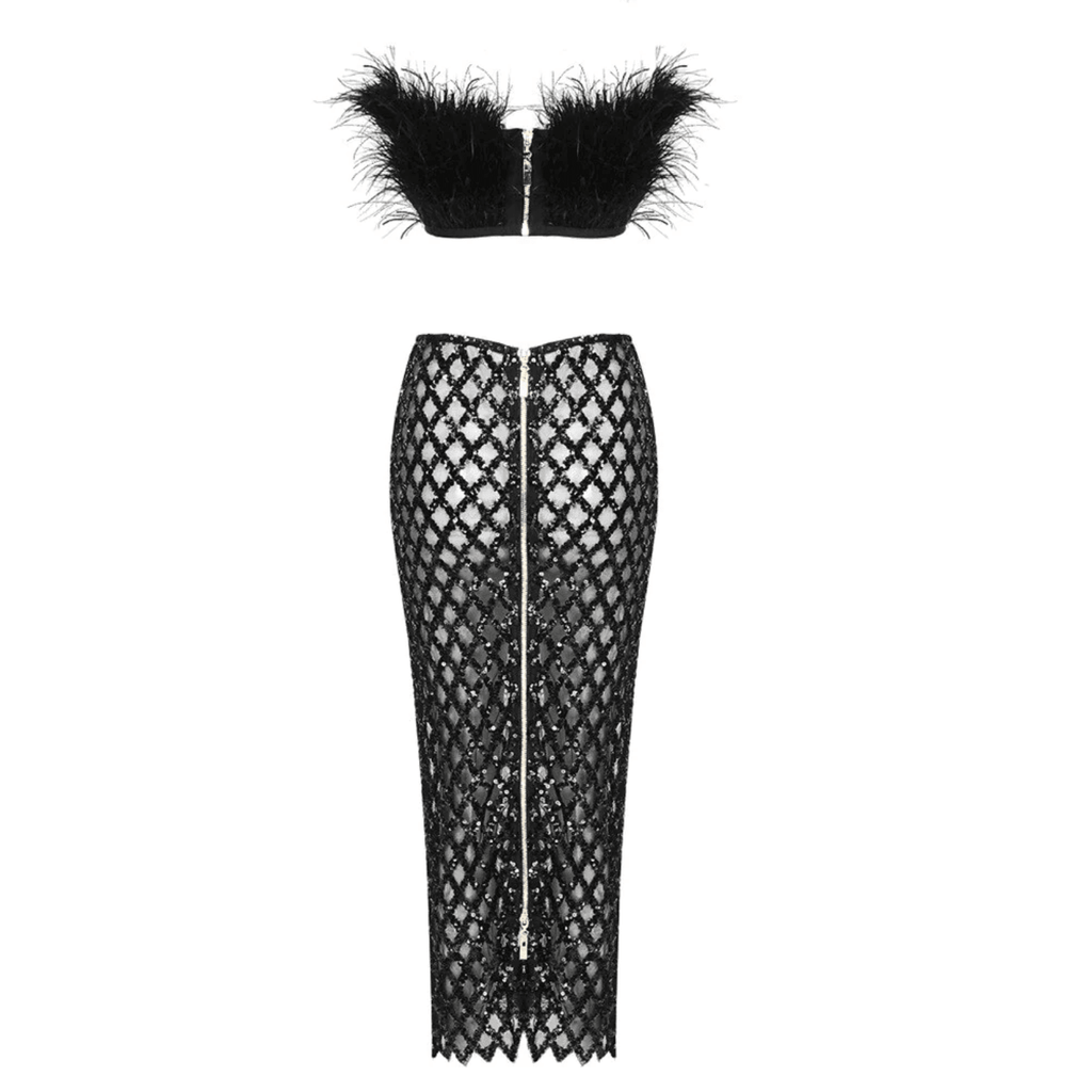 Invitation Only Feather Sequins Black Two Piece Set