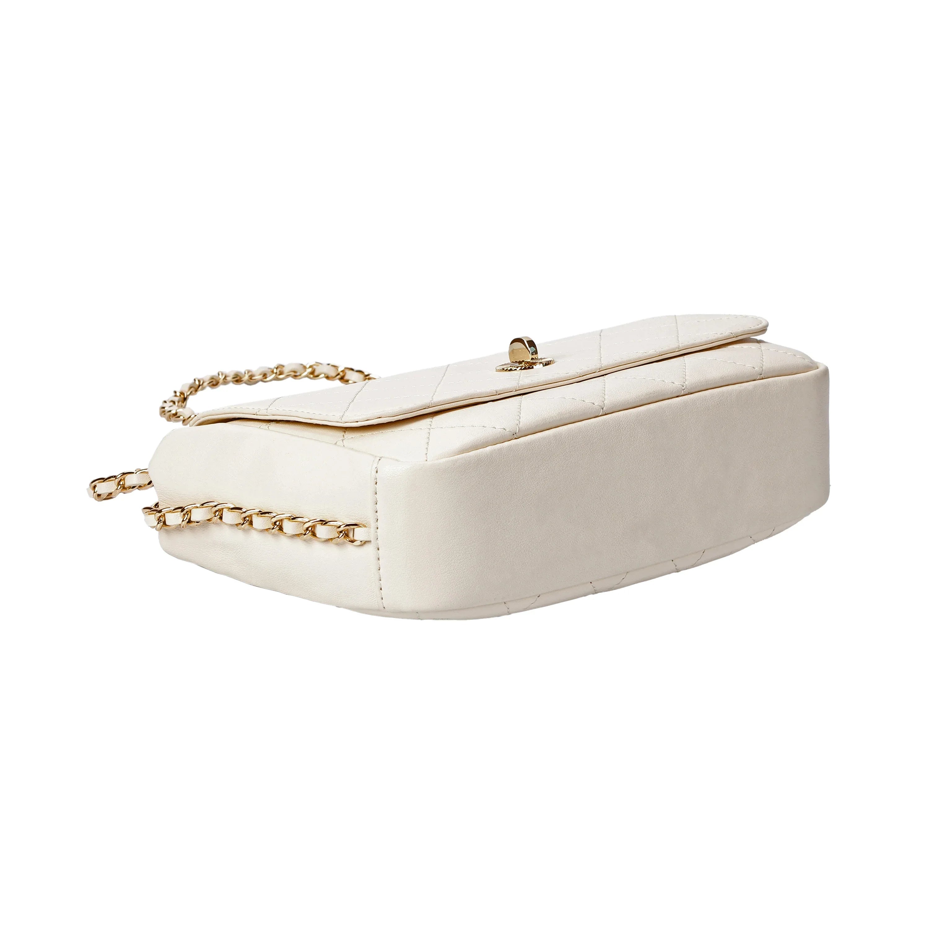 Ivory Quilted Leather Crossbody Bag with Gold Chain Strap