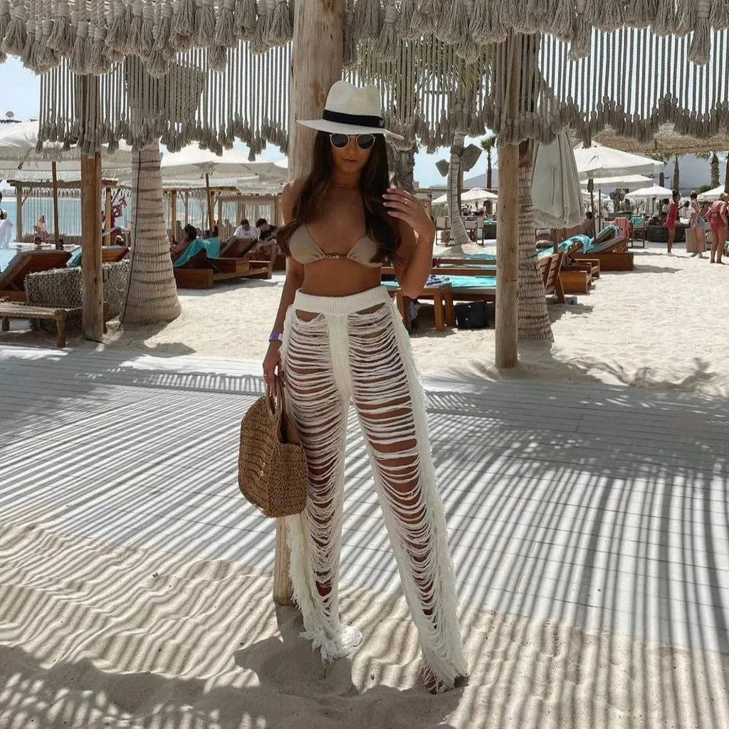 Jada White Ripped Tassel Straight Pants