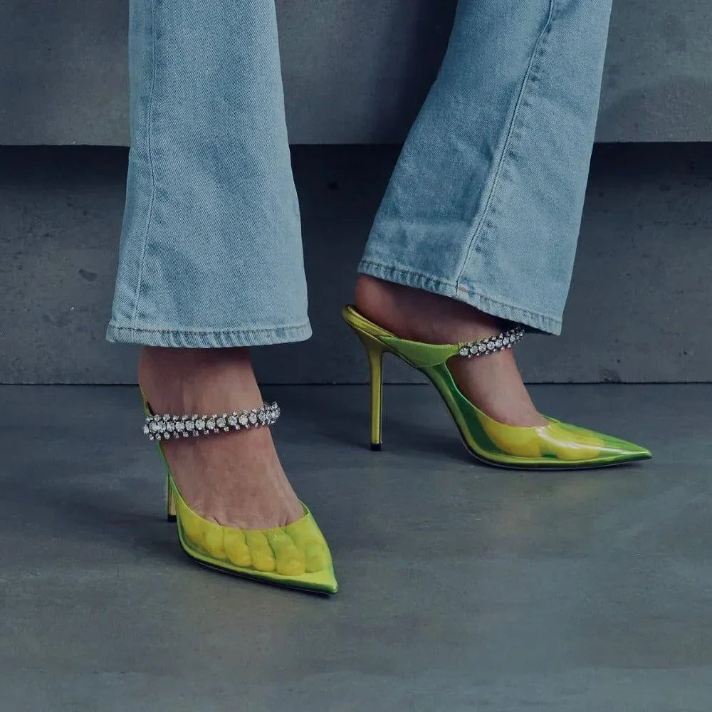 Jelly Beans Crystals Embellished Transparent Heels