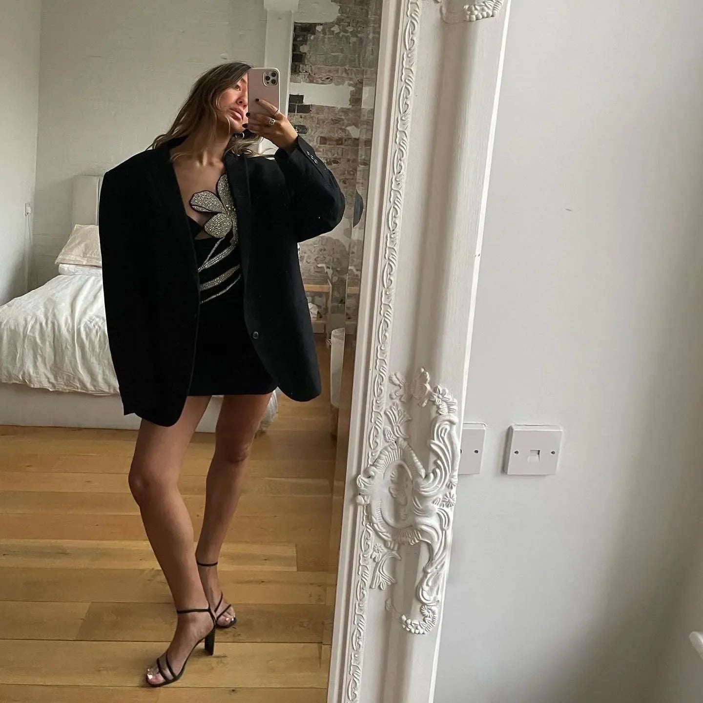 Jeonsa Black Diamond Floral Party Mini Dress