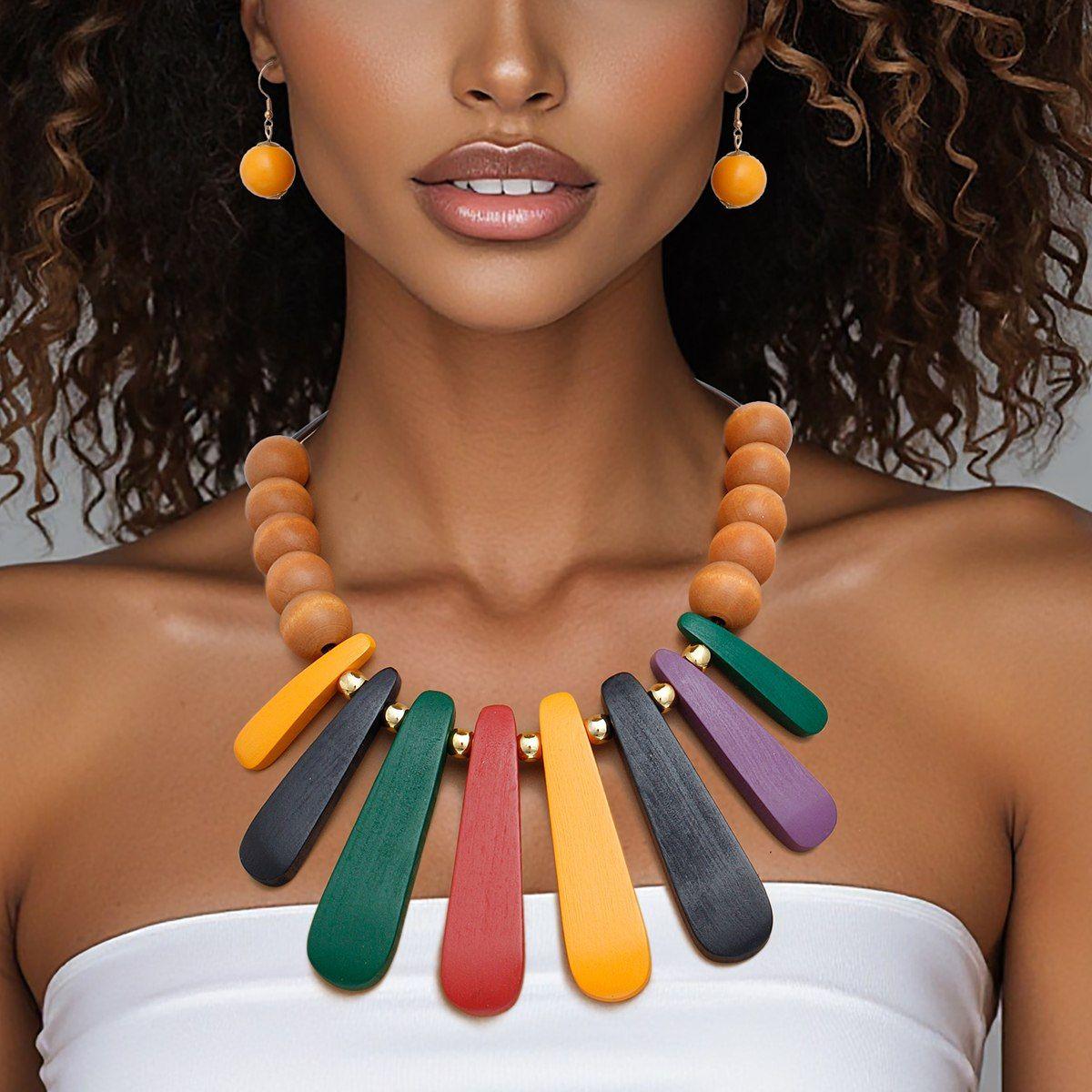 Bib Refined Tribal Multi Wood Curved Bead Necklace