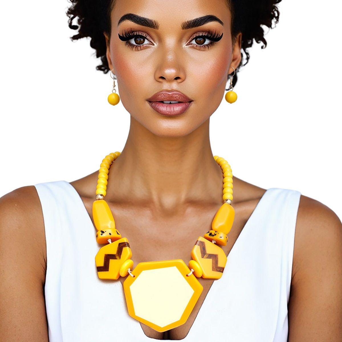 Beaded Pendant Yellow 70's Vibe Necklace for Women